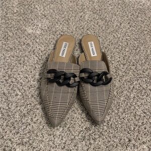 Steve Madden Black and Tan Mules with Plaid Design